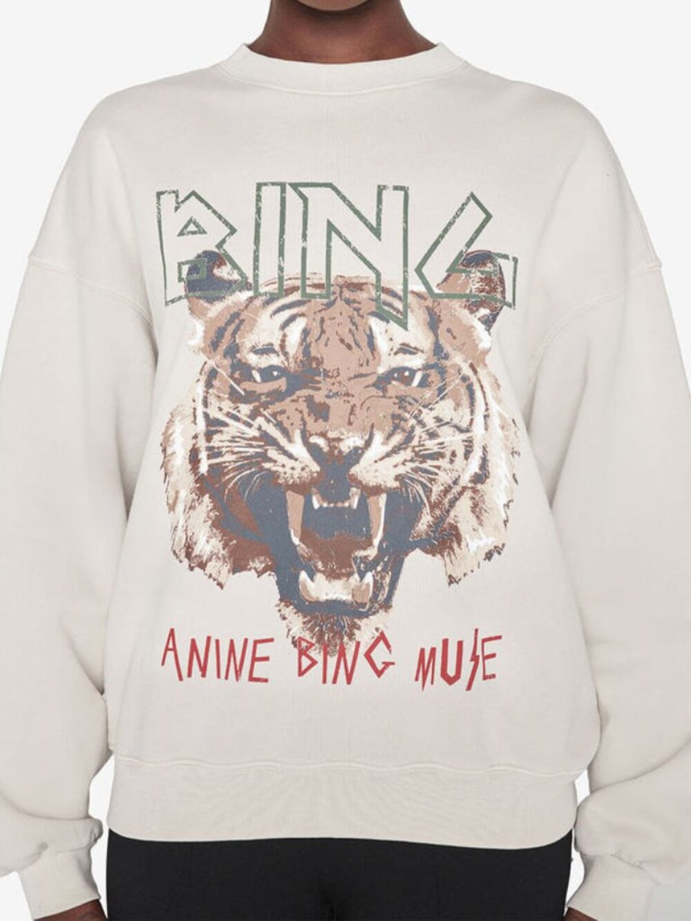 Anine Bing Tiger Muse Graphic Crewneck Sweatshirt in Stone